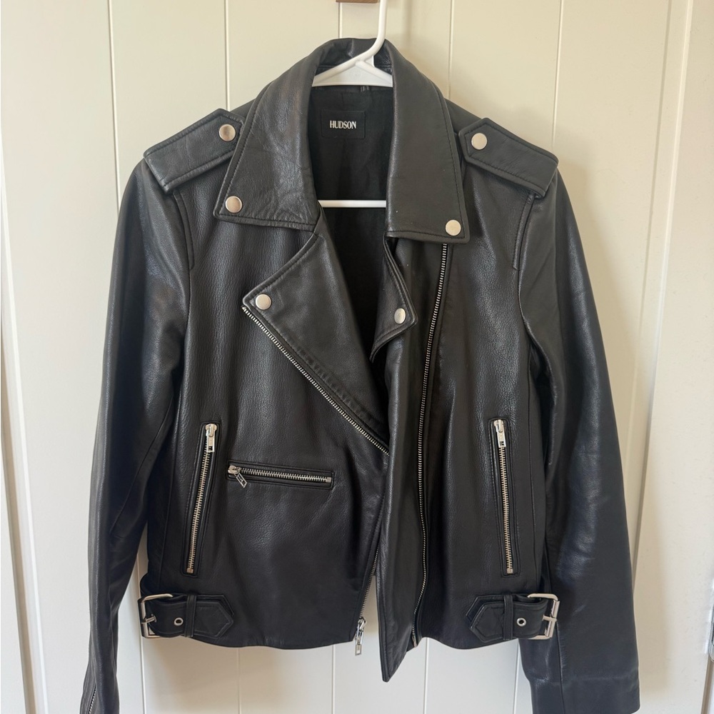 Hudson Jeans Black Leather Moto Biker Jacket with Silver Hardware